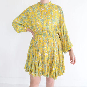 Rhode Resort Ella Printed Long-Sleeve Yellow  Floral w Bird Motif Midi Dress M
